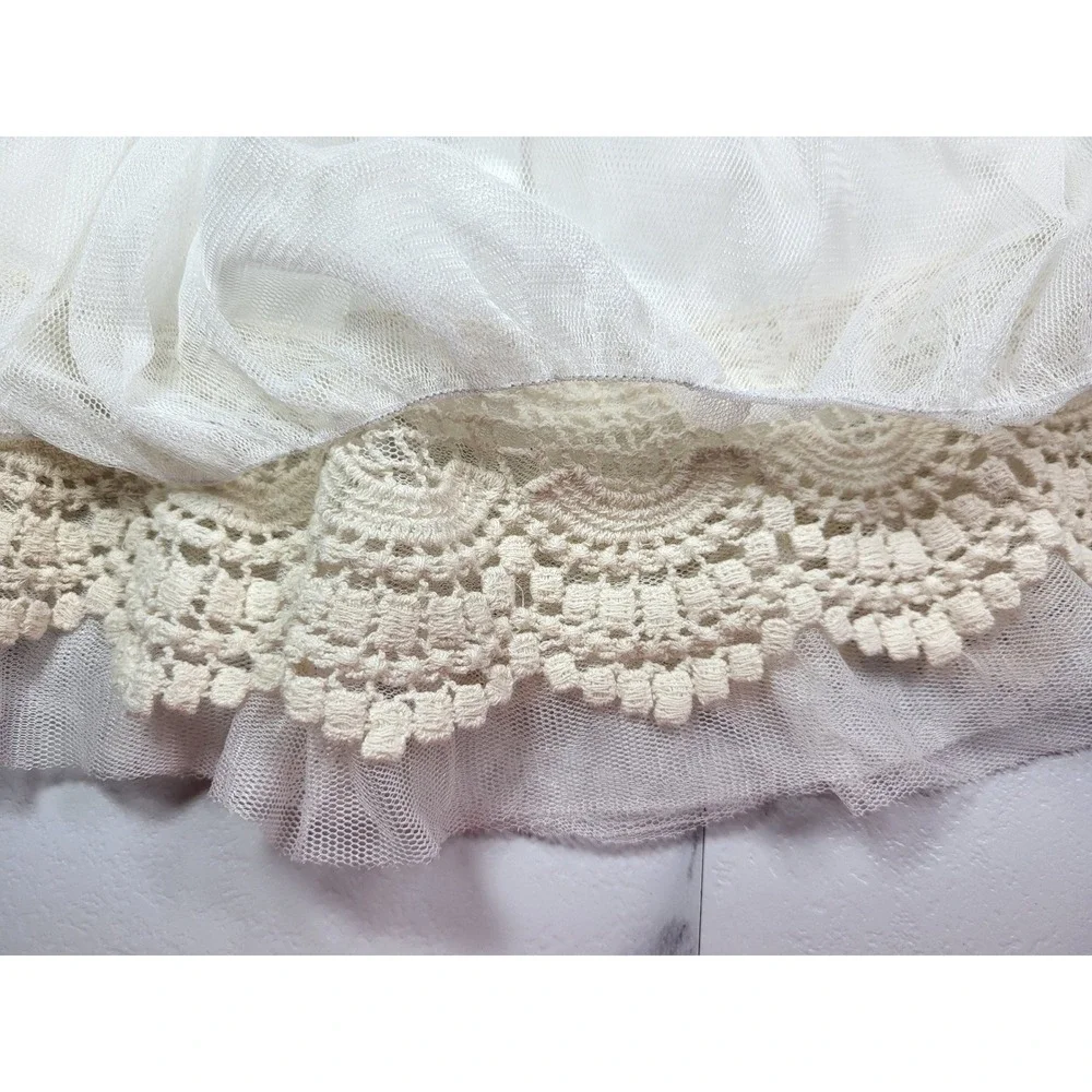 White Petal Mesh Puff Layered Dress Rosette Tulle Crochet Lace Trim Wedding